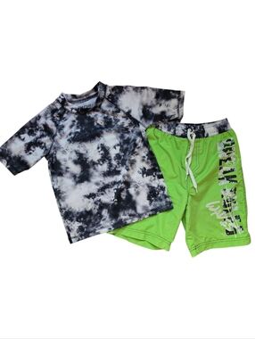 Big Chill Black and White Tie-Dye Rash Guard & Swim Trunks Set - Size 8